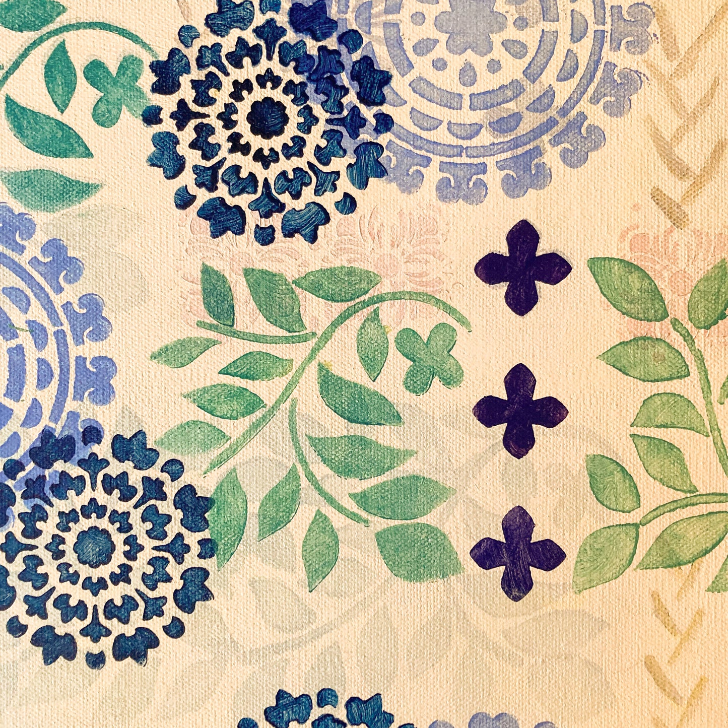 detail view abstract acrylic painting on canvas cream background with green vines and purple and blue mandala shapes upbeat garden art