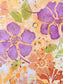 detail photo floral Hawaiian theme acrylic painting on canvas purple flowers orange flowers green leaves circles and scrolling shapes warm and cheerful