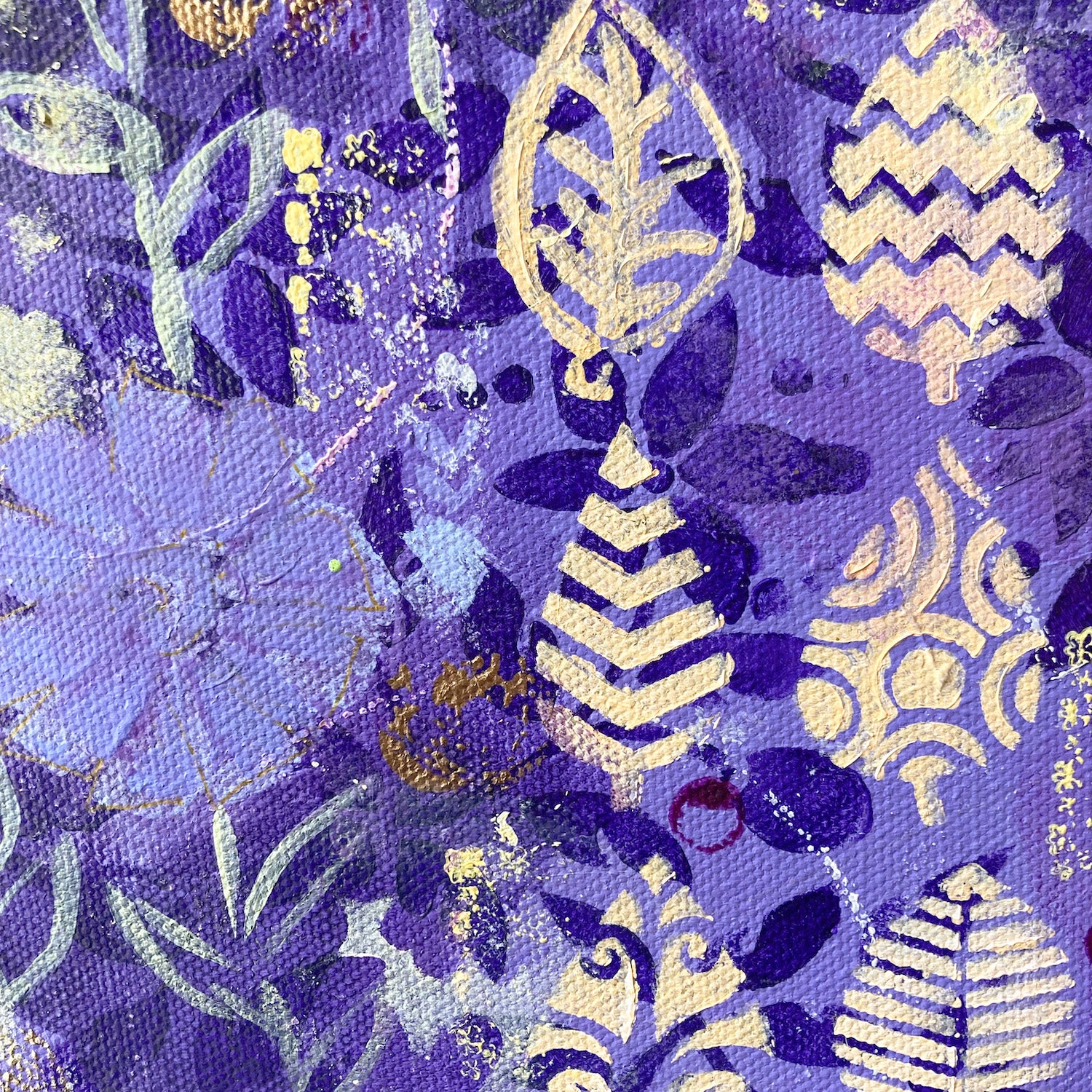 detail photo of original abstract acrylic floral painting purple flowers and green leaves on purple background cream leaf shapes mysterious and vibrant