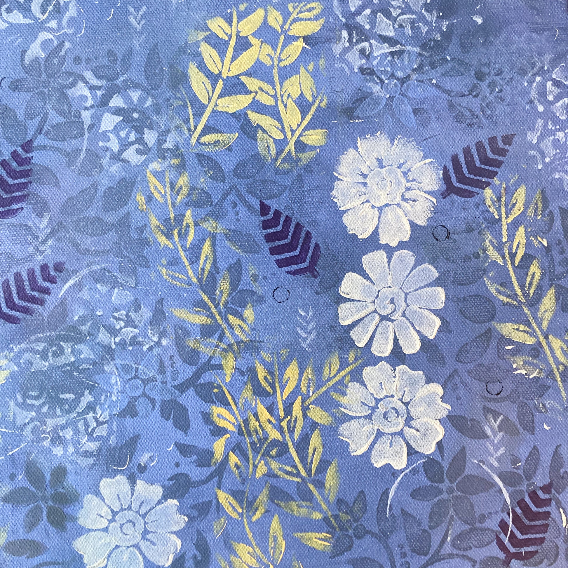 detail of original abstract acrylic painting periwinkle background white flowers yellow-green and navy leaves cool calm feeling