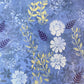 detail of original abstract acrylic painting periwinkle background white flowers yellow-green and navy leaves cool calm feeling