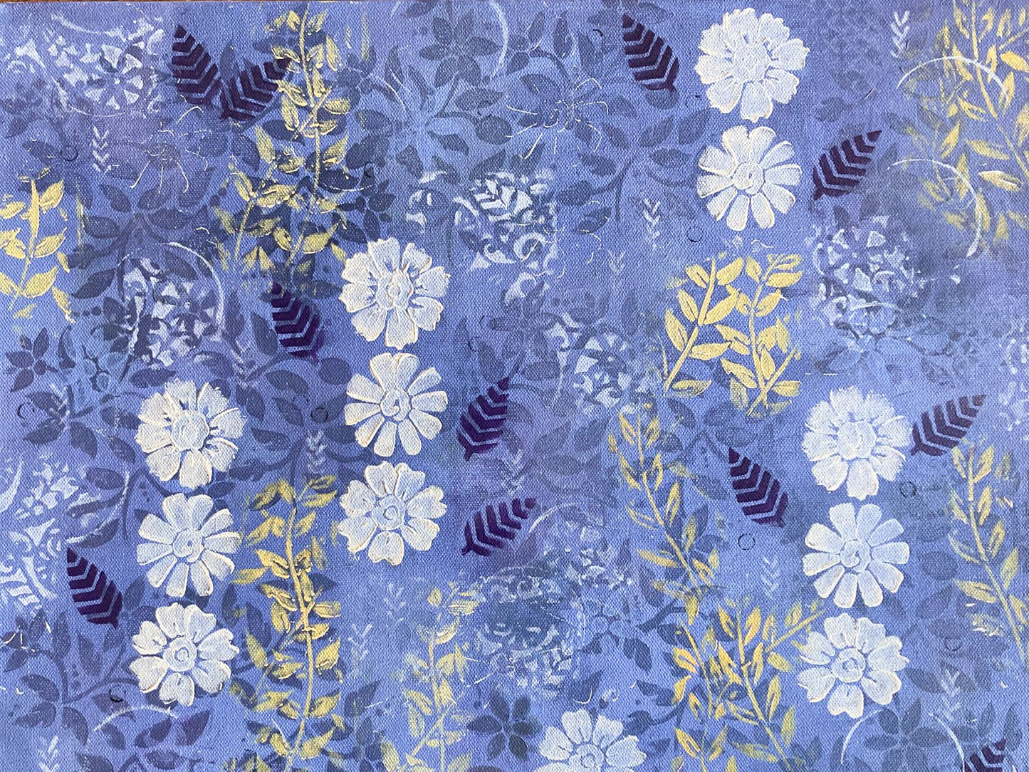 original abstract acrylic painting periwinkle background white flowers yellow-green and navy leaves cool calm feeling