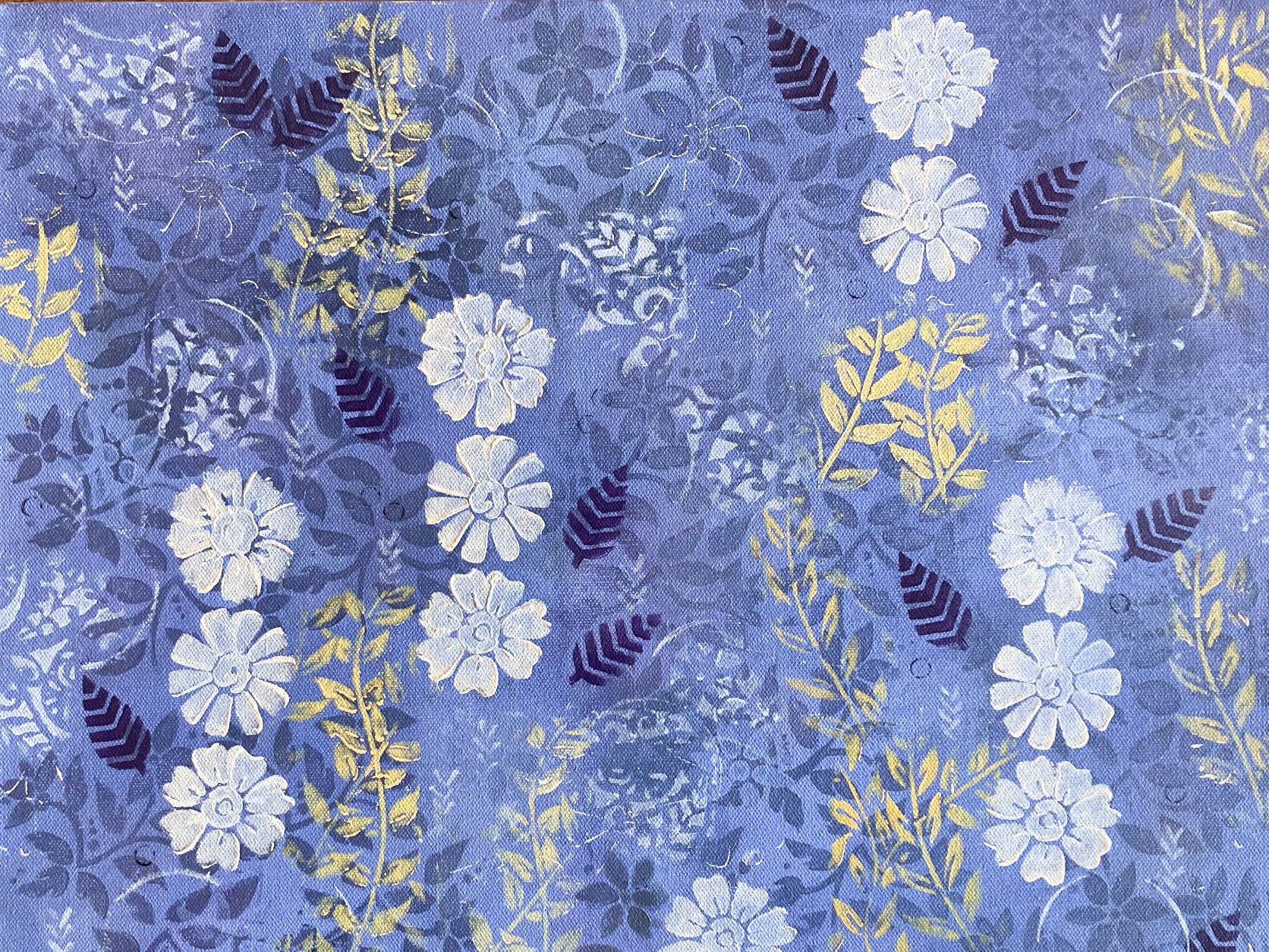 original abstract acrylic painting periwinkle background white flowers yellow-green and navy leaves cool calm feeling