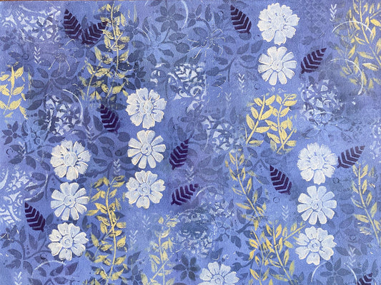 original abstract acrylic painting periwinkle background white flowers yellow-green and navy leaves cool calm feeling