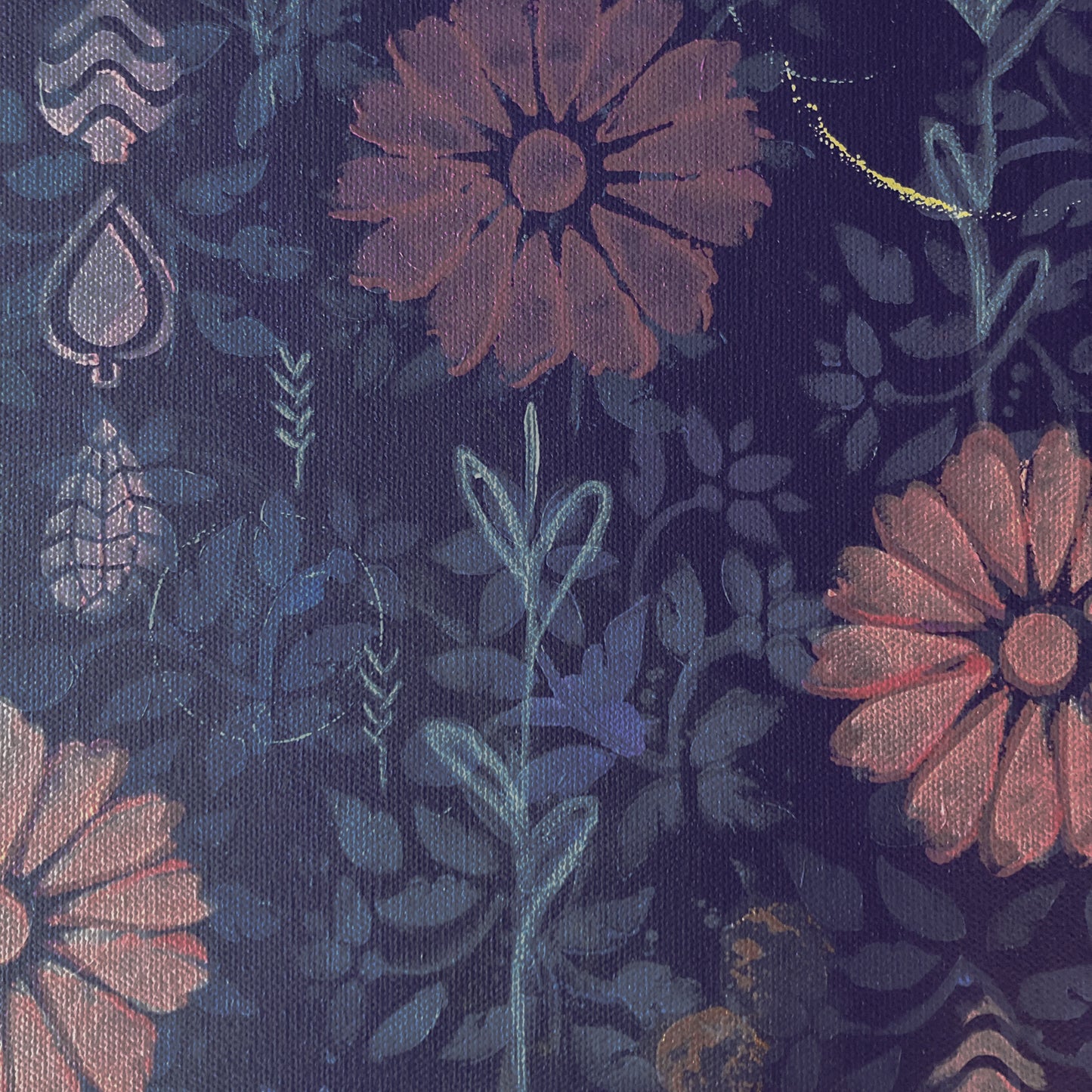detail of abstract acrylic painting on canvas plum background with mauve flowers and light blue leaves vertical movement and calm feeling