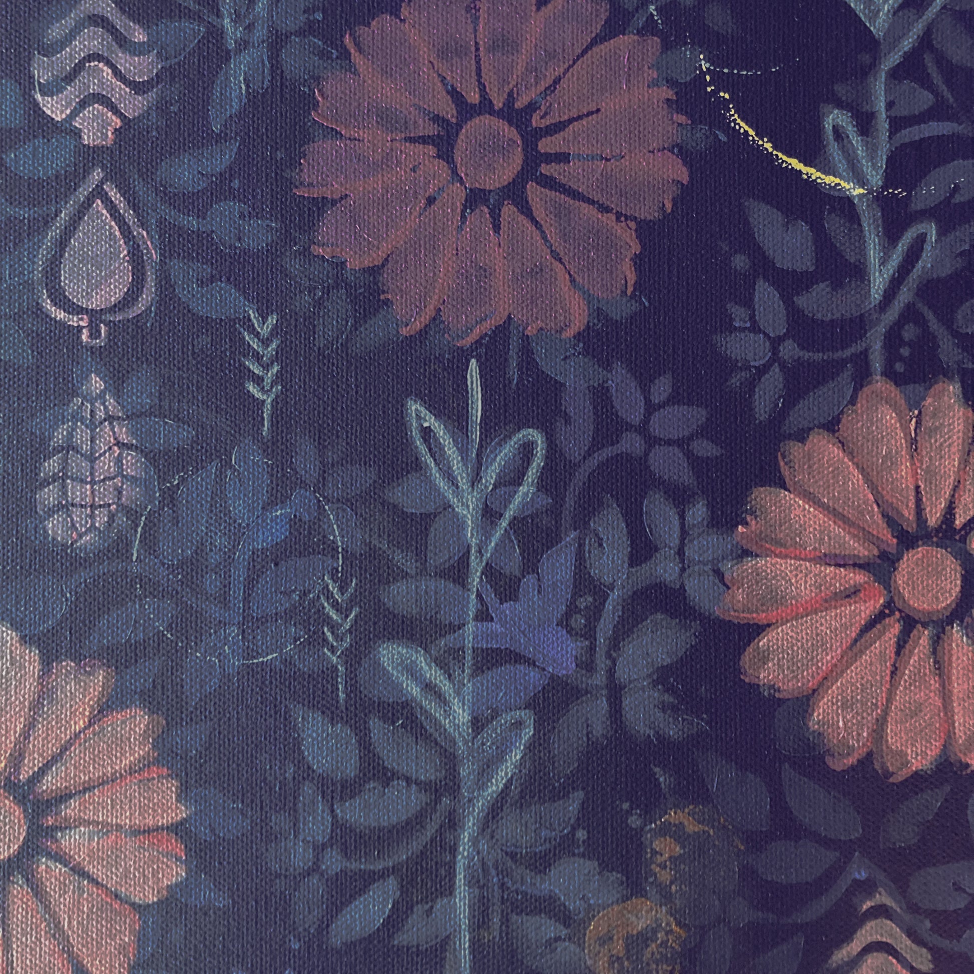 detail of abstract acrylic painting on canvas plum background with mauve flowers and light blue leaves vertical movement and calm feeling