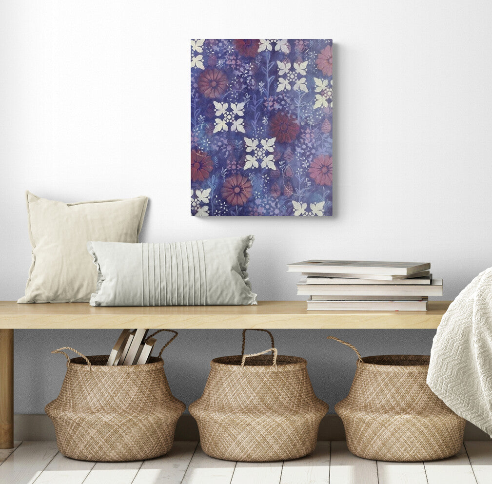 original abstract acrylic painting with purple background and rose colored flowers white snowflakes light blue flowers happy feeling shown in room with bench and baskets