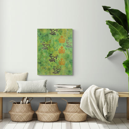 Vibrant green forest‑inspired painting by Katie Weaver with vertical orange leaves displayed in a cozy entryway