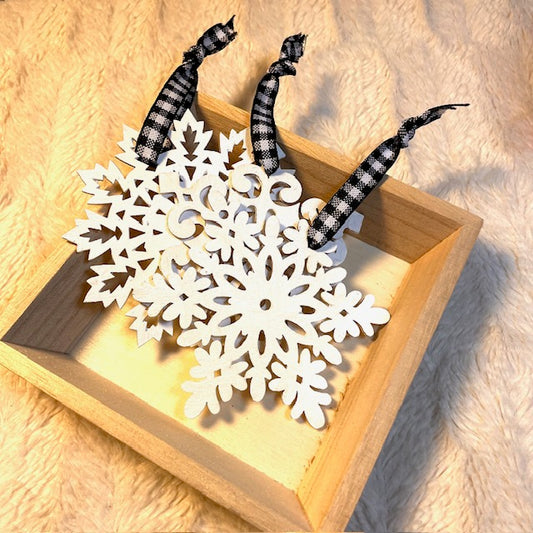 Snowflake Ornaments - Classic White with Black & White Ribbon