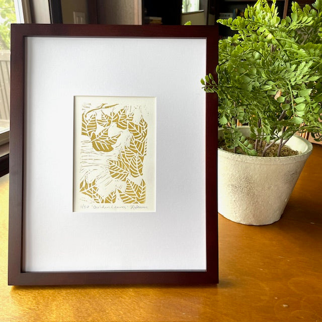 Leaves linocut print (Gold)