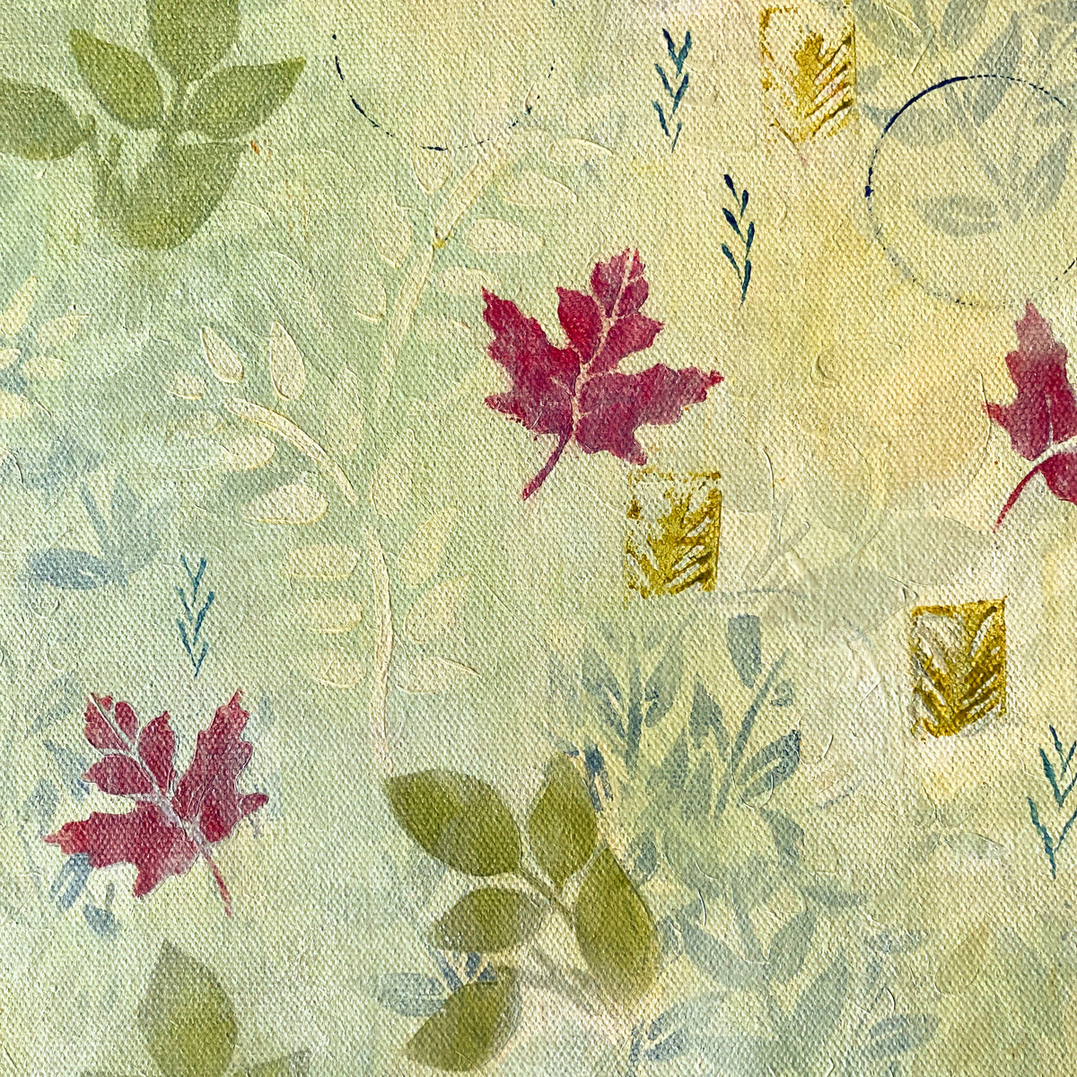 Close up detail of patterned maple leaf painting by Katie Weaver with bright green and dark red fall leaves
