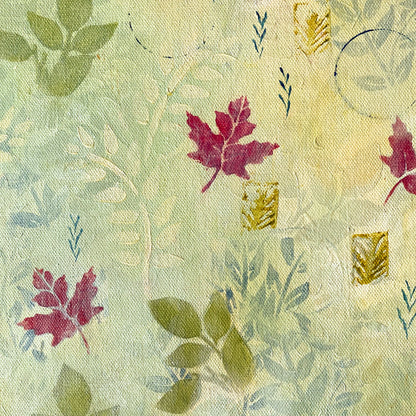 Close up detail of patterned maple leaf painting by Katie Weaver with bright green and dark red fall leaves