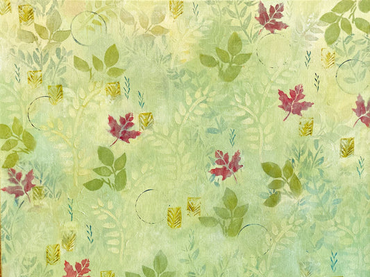 Patterned maple leaf painting by Katie Weaver with bright green and dark red fall leaves