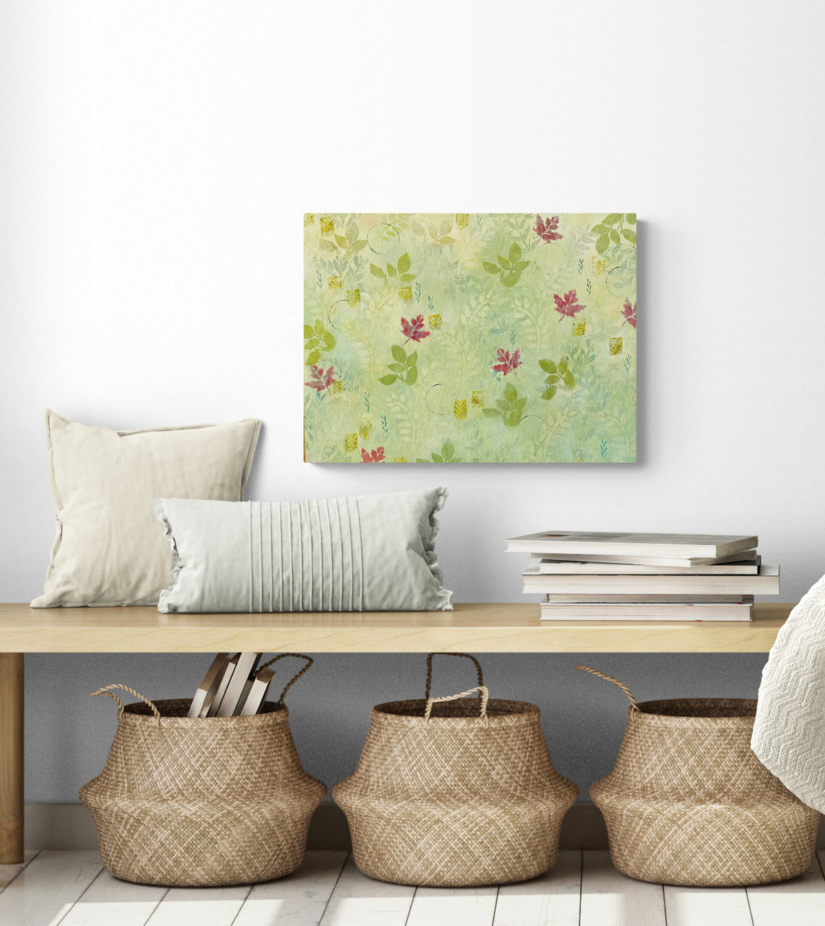 Patterned maple leaf painting by Katie Weaver displayed in a cozy entryway