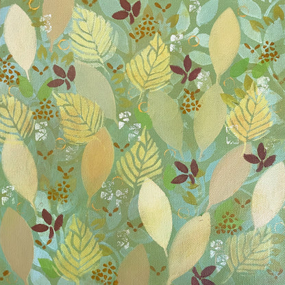 Small autumn leaf painting by Katie Weaver in warm fall tones