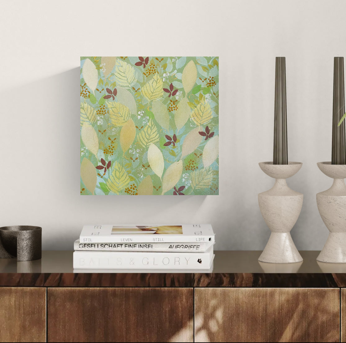 Small autumn leaf painting by Katie Weaver displayed with an elegant dining room.