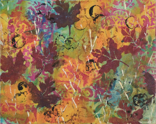 Small patterned maple leaf painting by Katie Weaver featuring dark red leaves on an orange and green background.