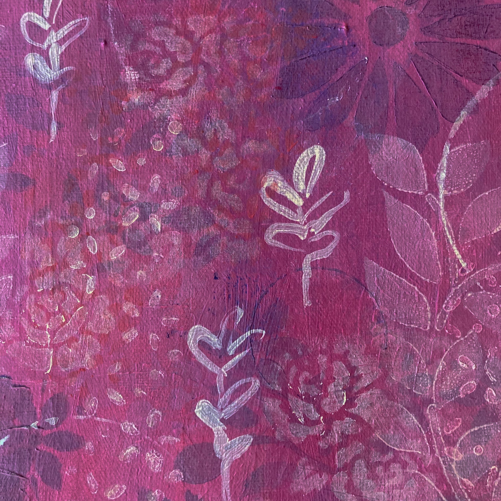 detail photo abstract acrylic painting on canvas pink background large purple flowers white leaves white squiggles warm and cheerful feeling of love