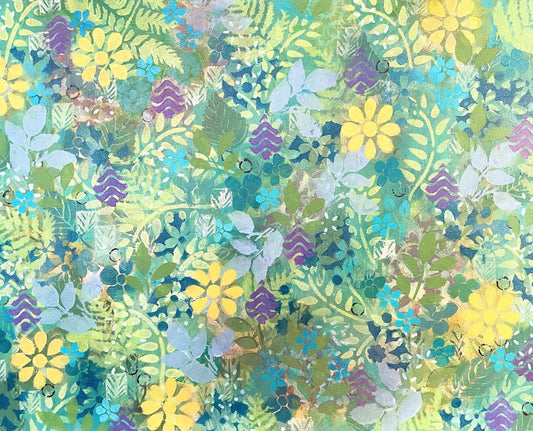 abstract floral painting on canvas sunny yellow flowers and small blue flowers green leaves purple accents refreshing jungle feel