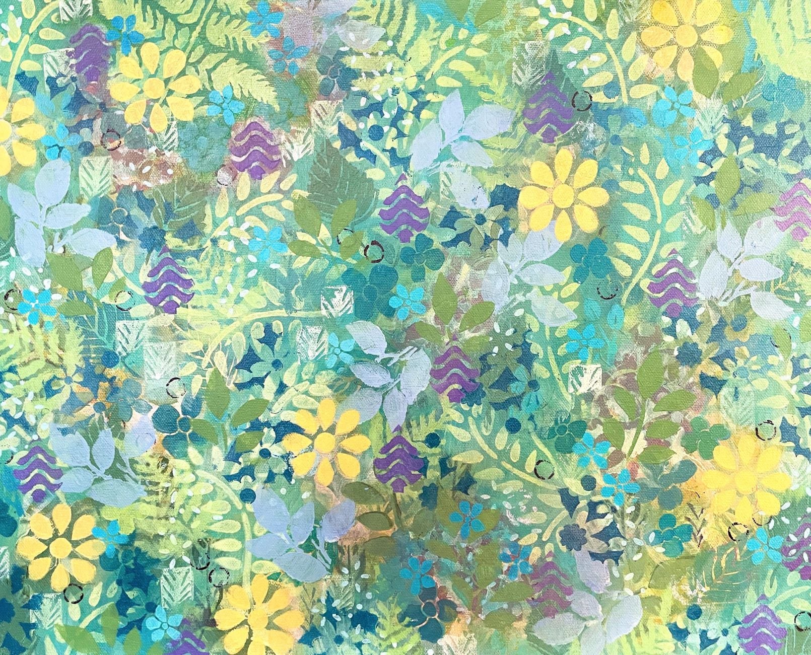 abstract floral painting on canvas sunny yellow flowers and small blue flowers green leaves purple accents refreshing jungle feel