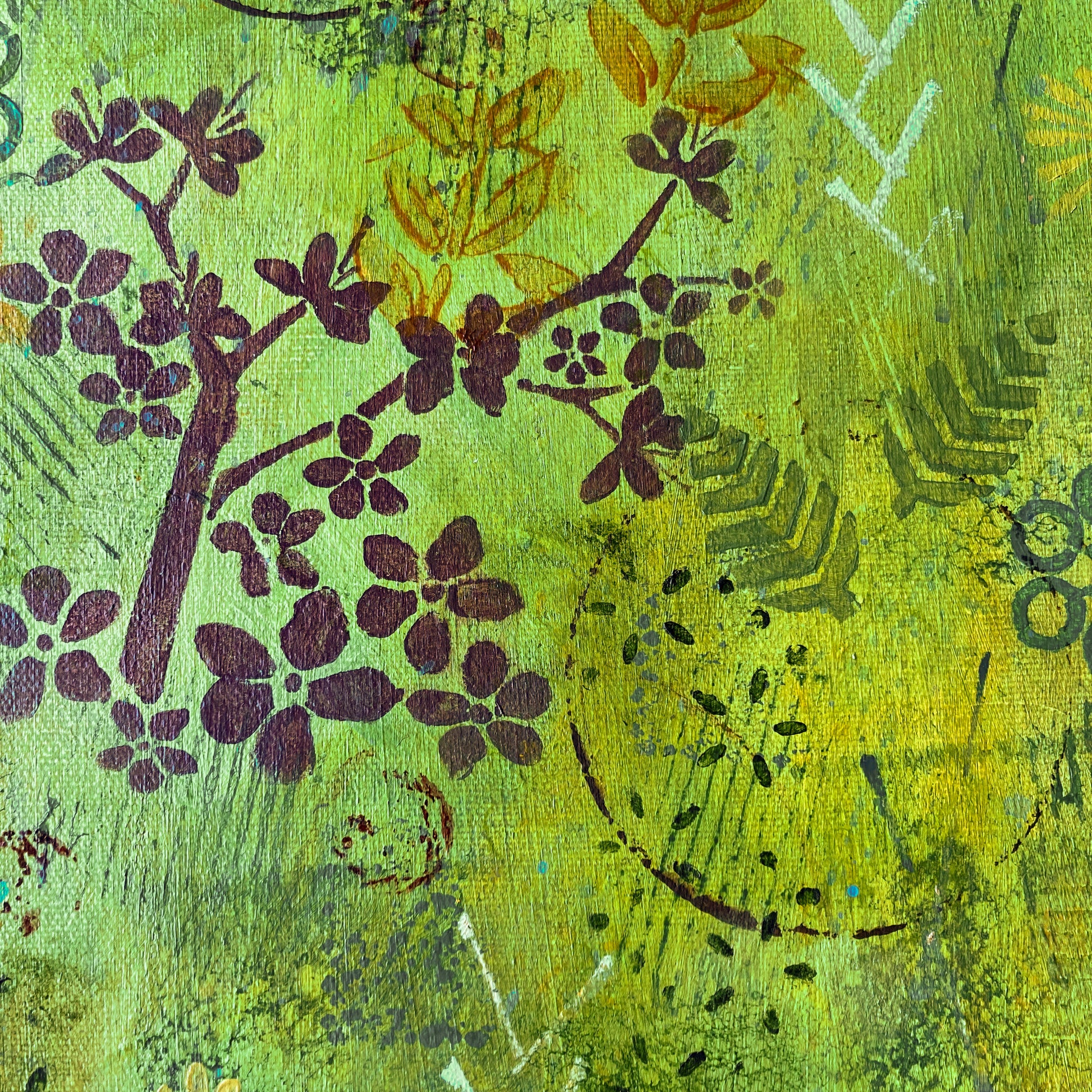 detail view forest theme abstract acrylic painting on canvas green background with purple flowers and dark orange and green leaves forest bathing refreshing leaf scene stencils and movement