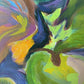 Detail  photo of original abstract painting garden scene leaves flowers green purple and orange