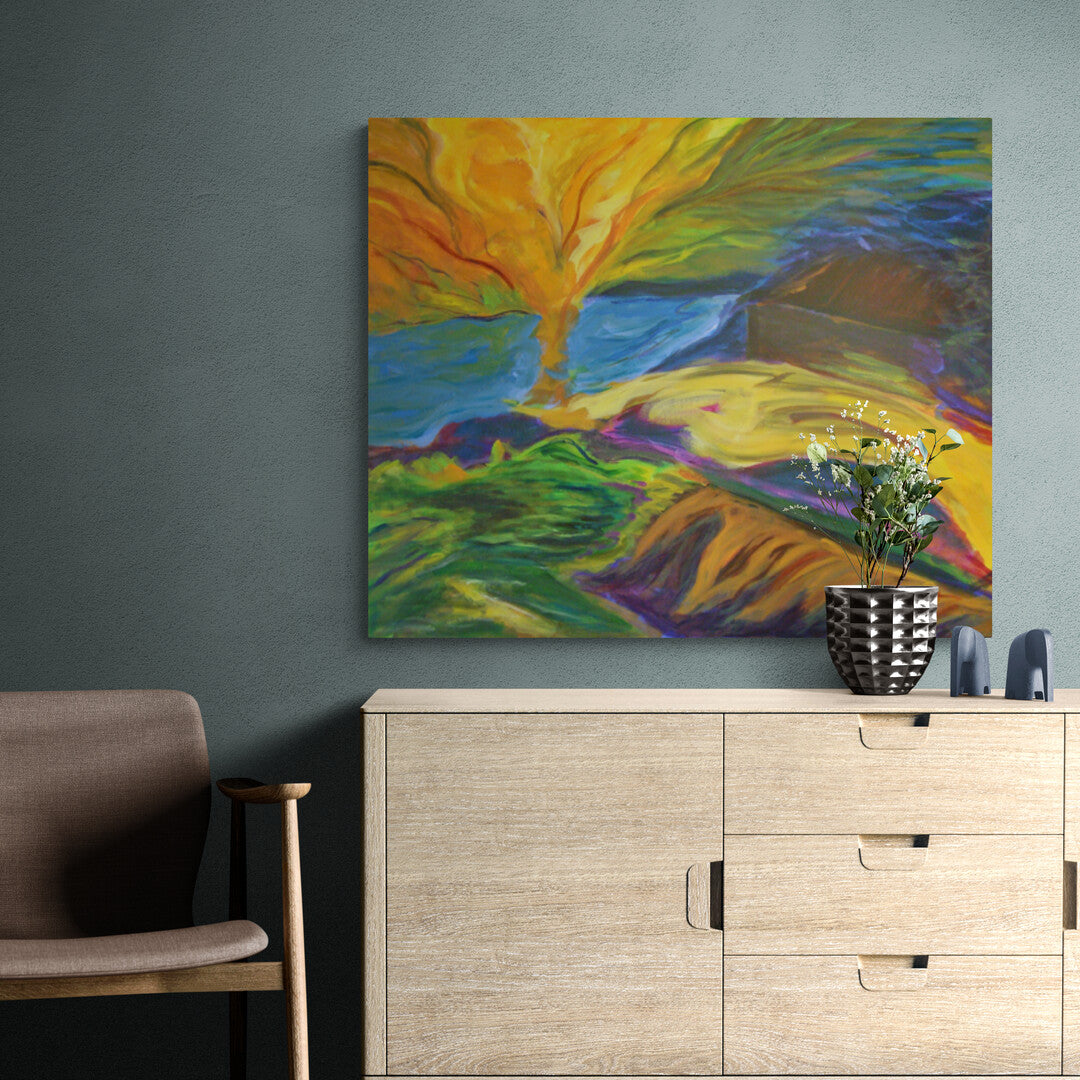 In room mock up with bright colored abstract acrylic painting on canvas tree and house in background orange yellow green blue purple and brown