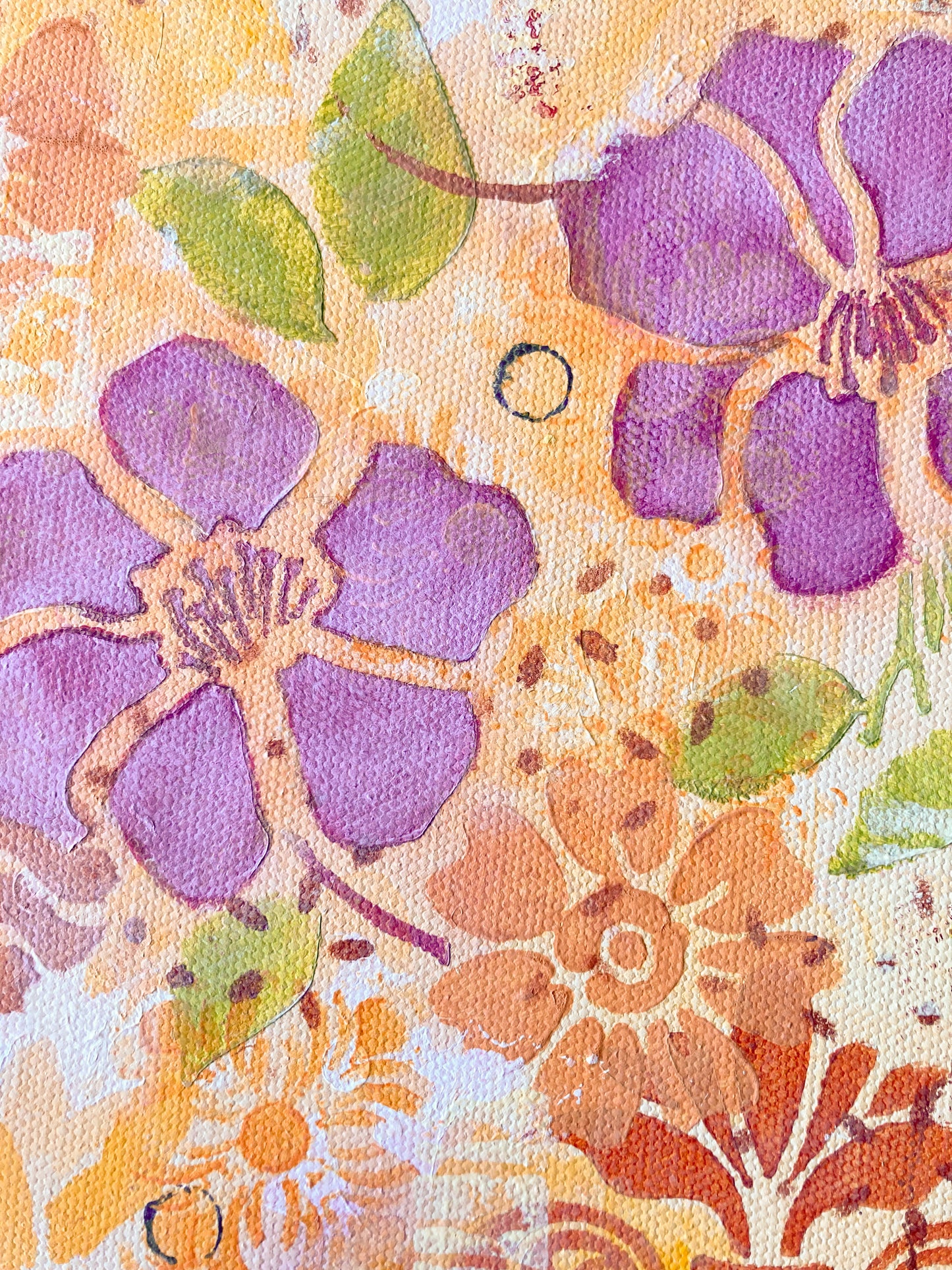 detail photo floral Hawaiian theme acrylic painting on canvas purple flowers orange flowers green leaves circles and scrolling shapes warm and cheerful