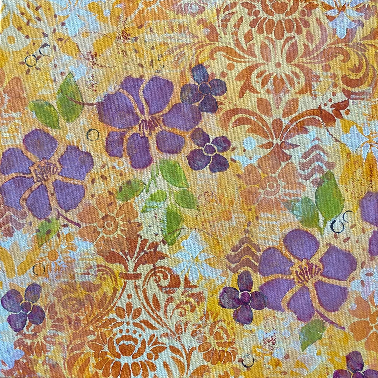 floral Hawaiian theme acrylic painting on canvas purple flowers orange flowers green leaves circles and scrolling shapes warm and cheerful