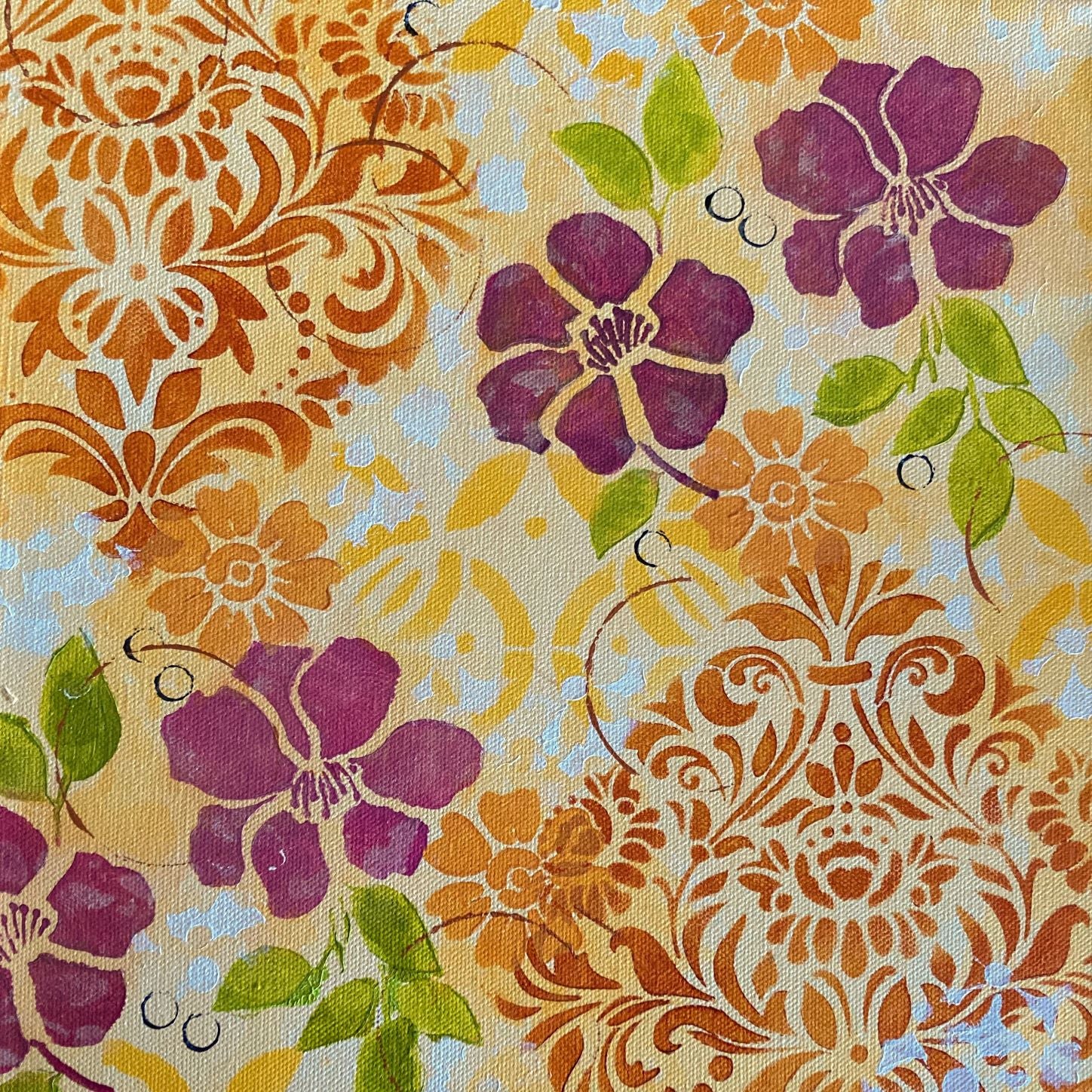 floral Hawaiian theme acrylic painting on canvas dark pink flowers orange flowers green leaves circles and scrolling shapes warm and cheerful