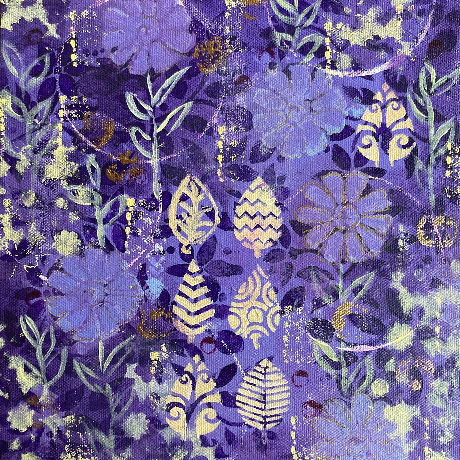 original abstract acrylic floral painting purple flowers and green leaves on purple background cream leaf shapes mysterious and vibrant 