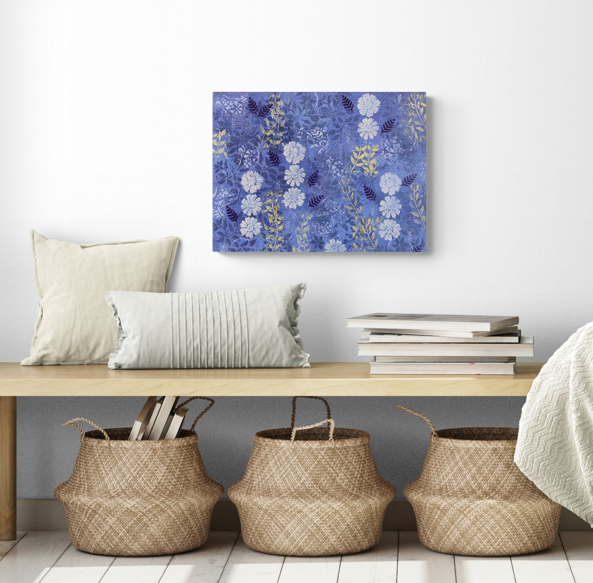 original abstract acrylic painting periwinkle background white flowers yellow-green and navy leaves cool calm feeling in room with bench and baskets