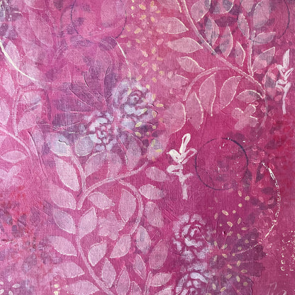 detail of original abstract painting with warm pink background white roses and leaf prints dark flowers layered underneath emits warm feeling of love