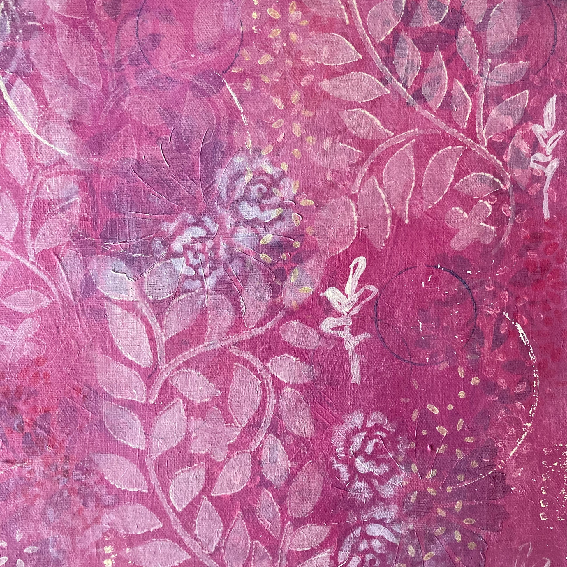detail of original abstract painting with warm pink background white roses and leaf prints dark flowers layered underneath emits warm feeling of love