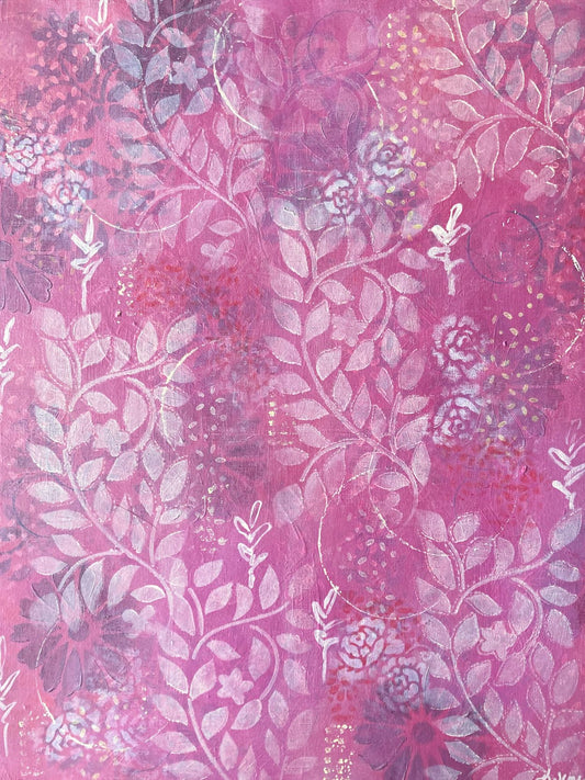 original abstract painting with warm pink background white roses and leaf prints dark flowers layered underneath emits warm feeling of love