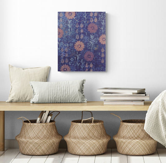 abstract acrylic painting on canvas plum background with mauve flowers and light blue leaves vertical movement and calm feeling shown in room with bench and baskets below