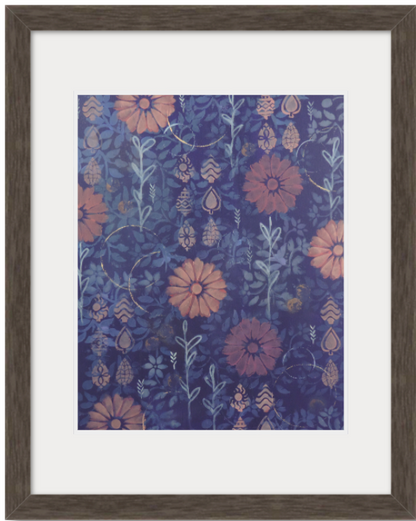 print with charcoal colored frame and white matte of abstract painting plum background with mauve flowers and light blue leaves vertical movement and calm feeling