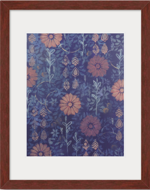 print with mahogany frame and white matte of abstract painting plum background with mauve flowers and light blue leaves vertical movement and calm feeling