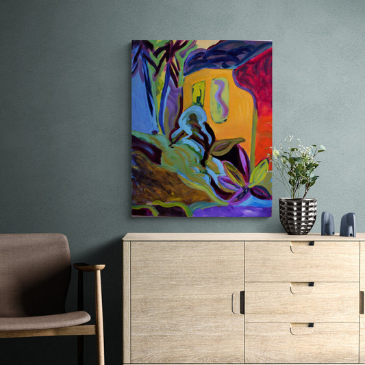 Abstract Acrylic painting of house and trees orange red green blue purple displayed in room