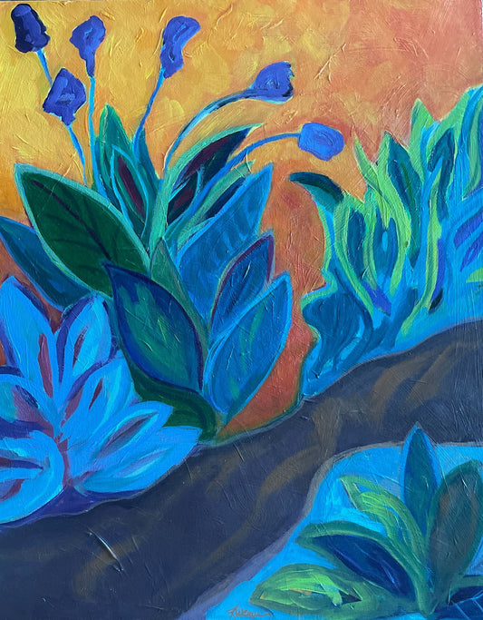 Bright abstract acrylic painting of purple tulips green and blue leaves and orange background