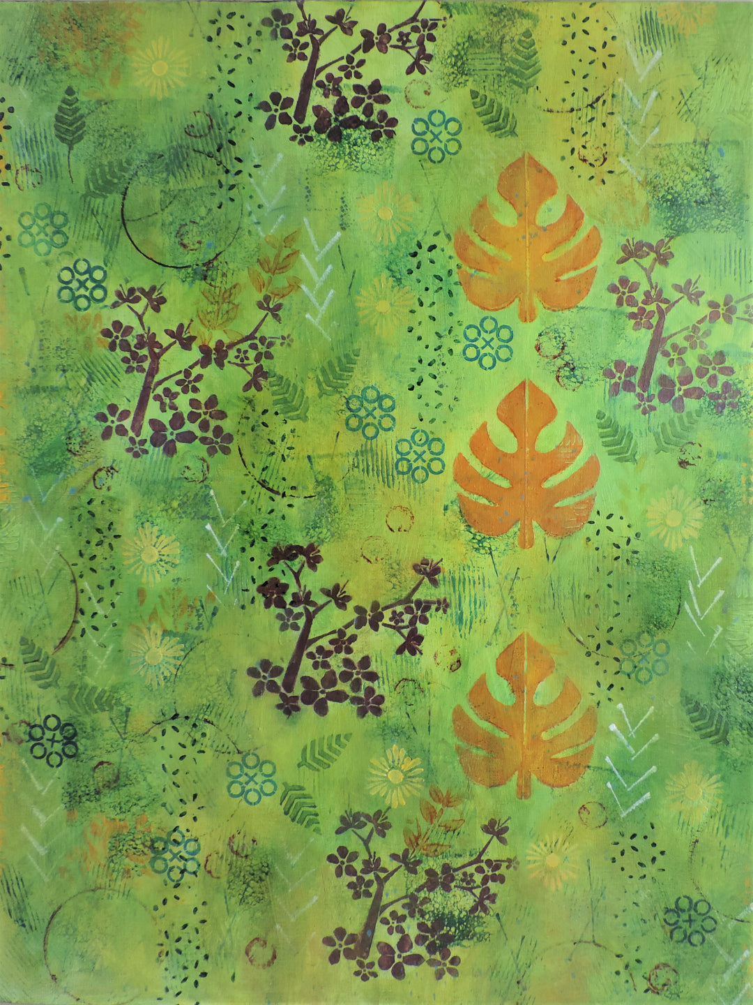 forest theme abstract acrylic painting on canvas green background with purple flowers and large orange leaves forest bathing refreshing leaf scene stencils and movement