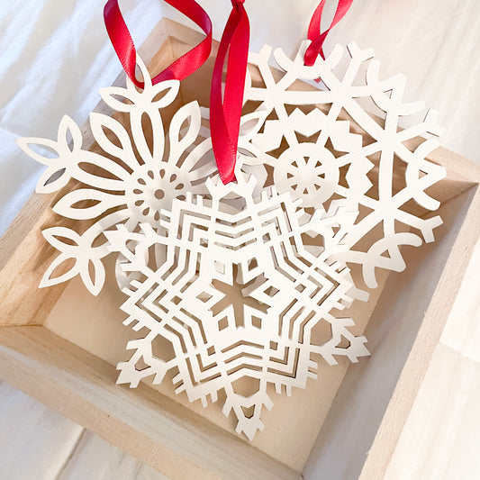 Snowflake Ornaments - Classic White with Red Ribbon