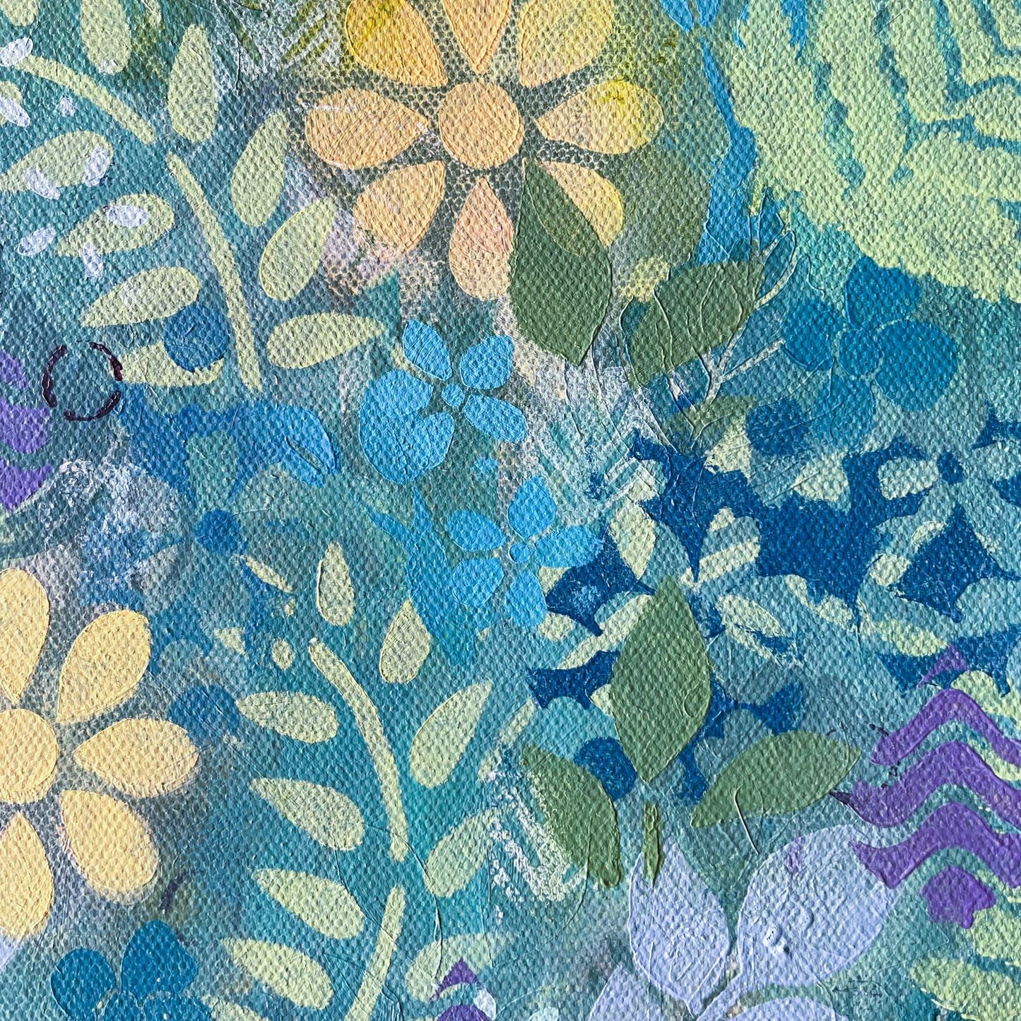detail of abstract floral painting on canvas sunny yellow flowers and small blue flowers green leaves purple accents refreshing jungle feel