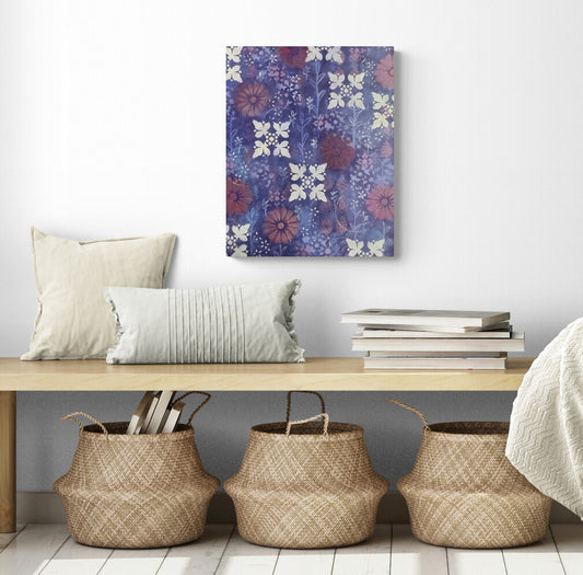 original abstract acrylic painting with purple background and rose colored flowers white snowflakes light blue flowers happy feeling shown in room with bench and baskets 